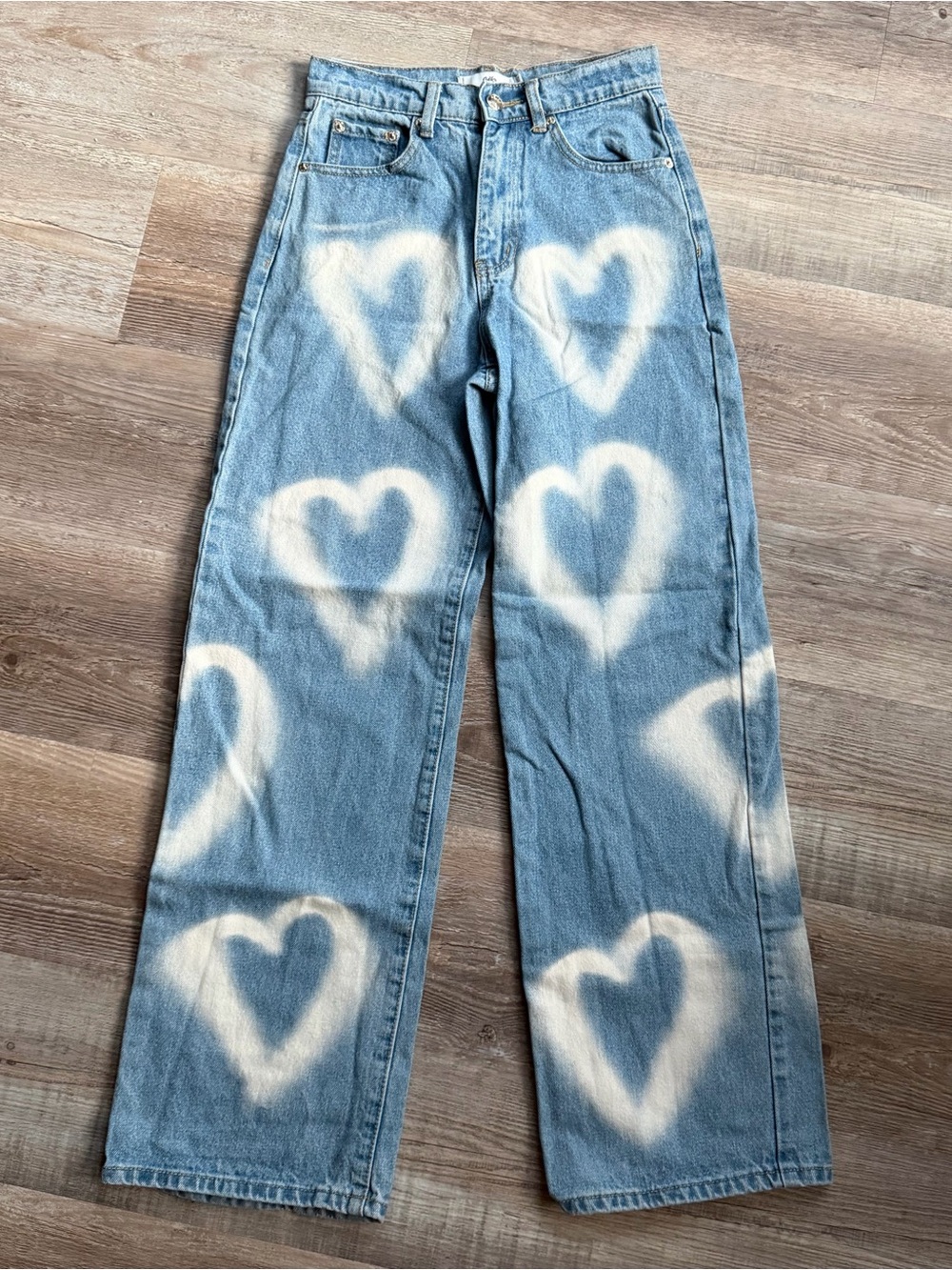 ADIKA Heart Print Wide Leg Jeans Size XS Blue White